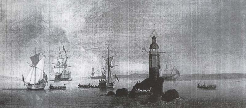 Monamy, Peter This is Manamy-s Picture of the opening of the first Eddystone Lighthouse in 1698 oil painting image